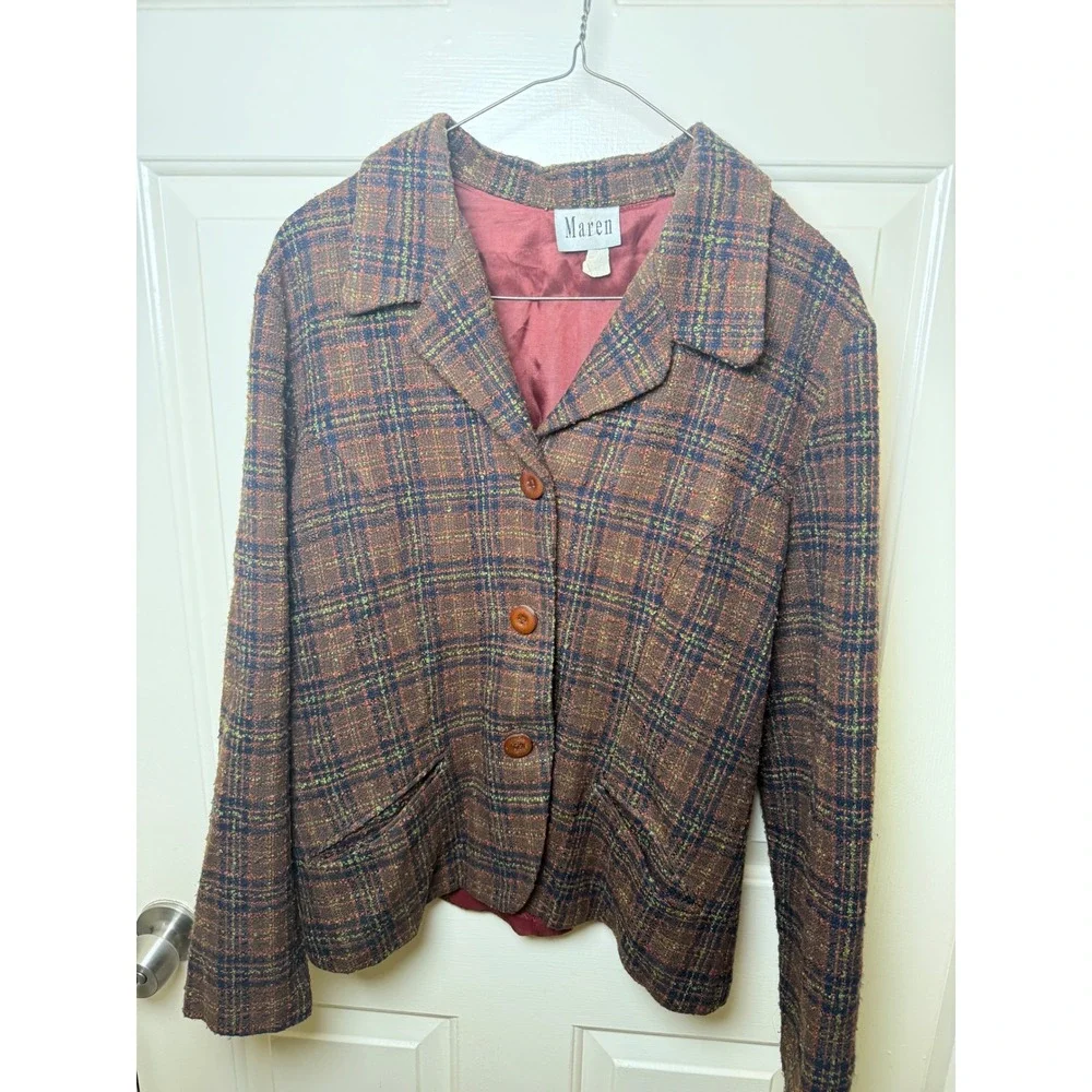 Maren Vintage Brown Multi Color Plaid Button Front Lined Blazer Jacket Size 12